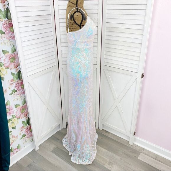 Jules‎ & Cleo Iridescent Sequin Mermaid Sheath Maxi Dress White Juniors 2 - Picture 4 of 16